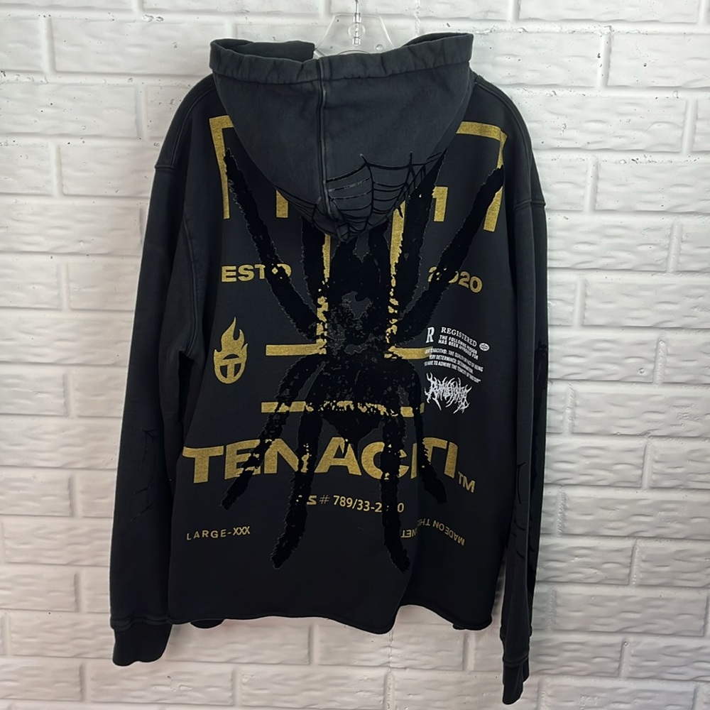TENACITI Spider Black Hoodie 100% COTTON METALLIC GOLD VELVET SPIDER MENS SZ LG - Picture 5 of 16